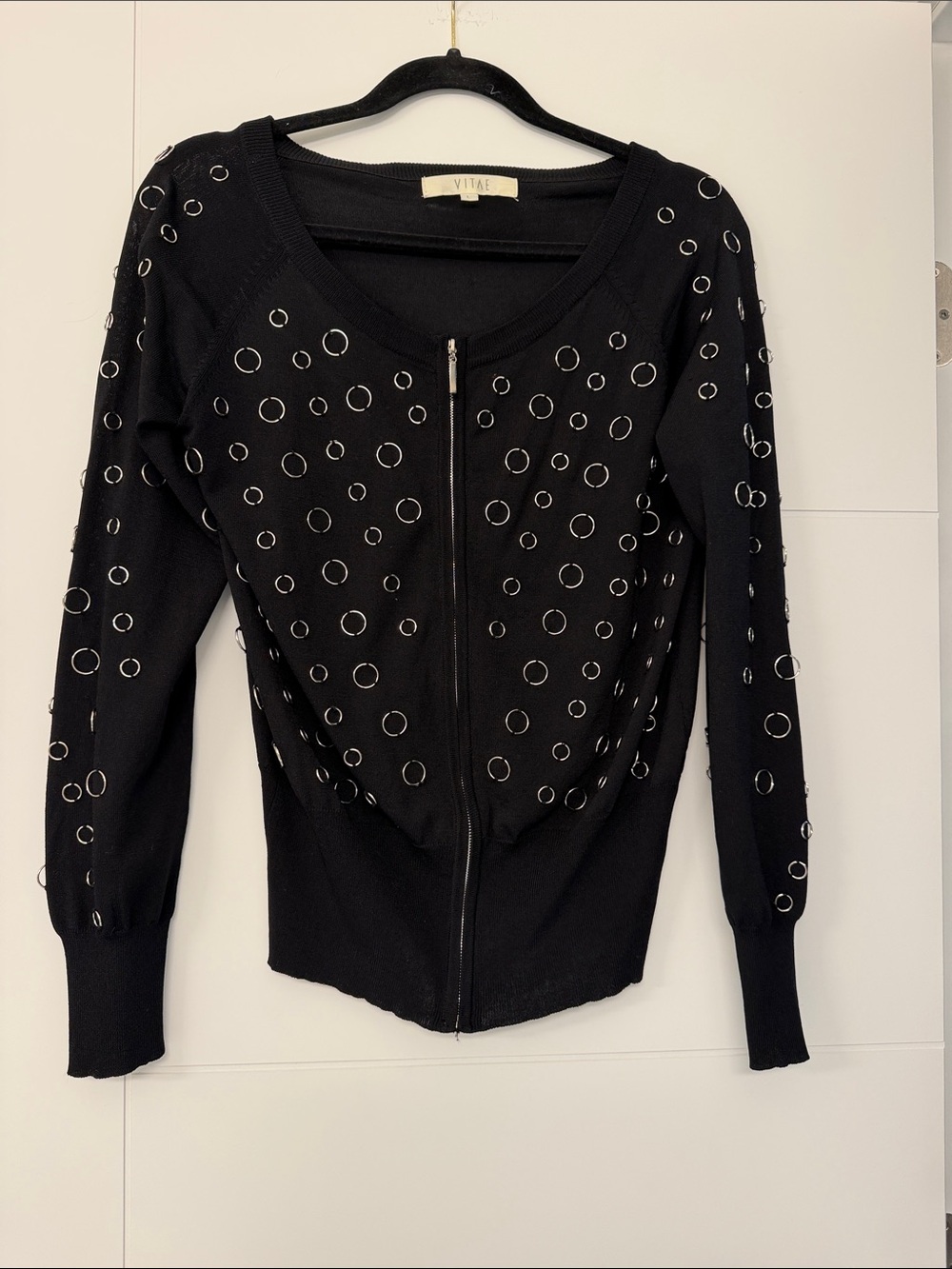 Vitae Black Zip-Front Sweater Top with Silver Eyelet Detail - unique vintage pce